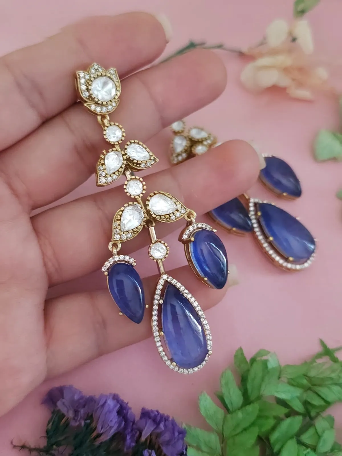 Royal Jaipuri Floral American Diamond Earrings Set, Royal CZ Earrings Set, Bollywood AD Earrings Set, Pakistani AD Earrings Jewelry Set