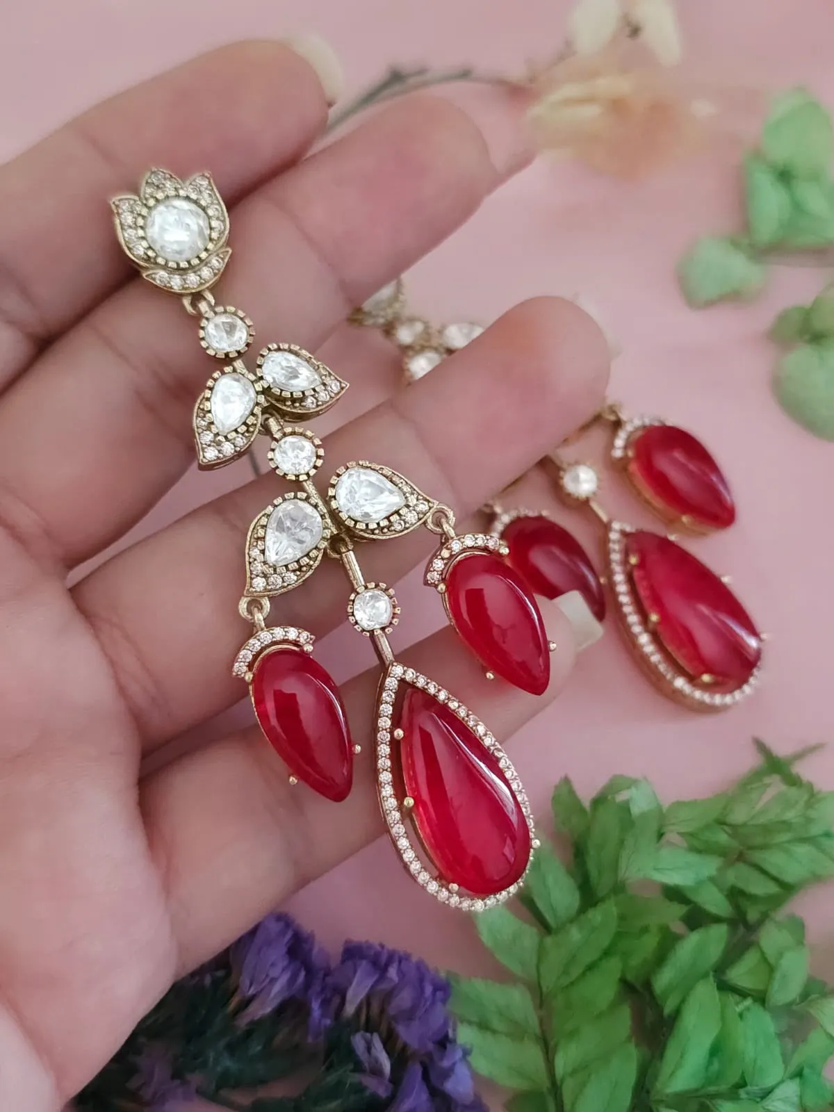 Royal Jaipuri Floral American Diamond Earrings Set, Royal CZ Earrings Set, Bollywood AD Earrings Set, Pakistani AD Earrings Jewelry Set