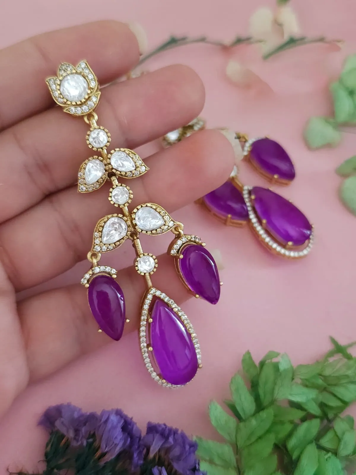 Royal Jaipuri Floral American Diamond Earrings Set, Royal CZ Earrings Set, Bollywood AD Earrings Set, Pakistani AD Earrings Jewelry Set