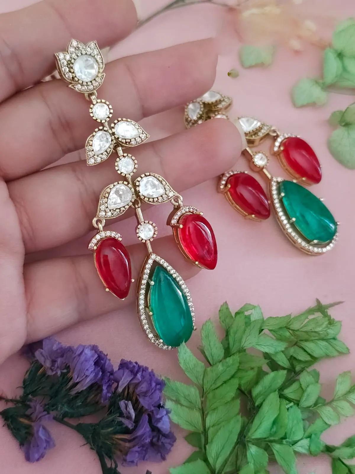 Royal Jaipuri Floral American Diamond Earrings Set, Royal CZ Earrings Set, Bollywood AD Earrings Set, Pakistani AD Earrings Jewelry Set