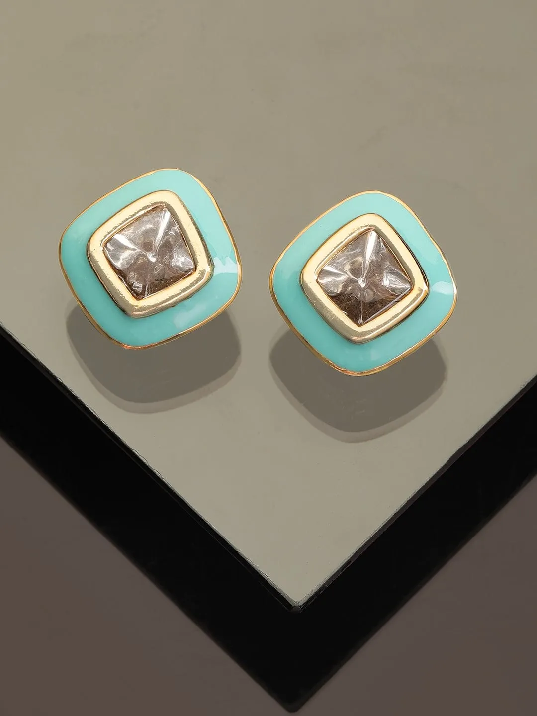 Rubans 22K Antique Gold Crystal studded Blue enamel Stud Earrings