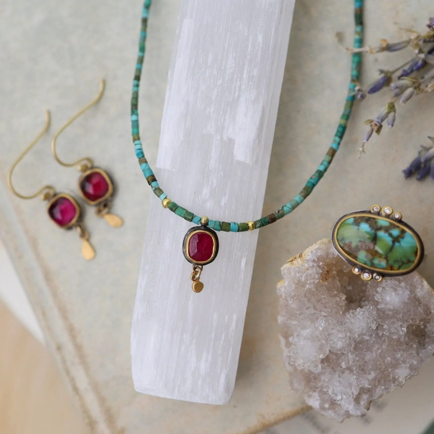 Ruby Teardrop and Turquoise Beaded Necklace