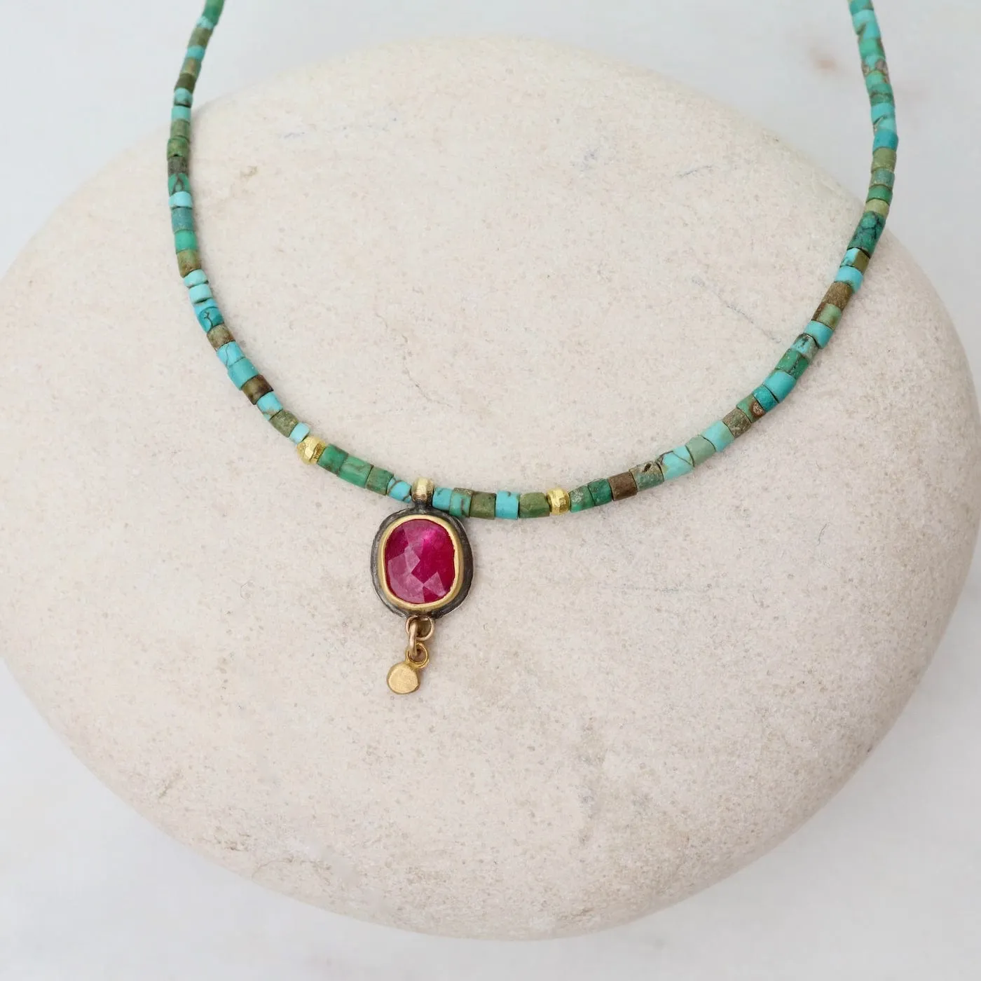 Ruby Teardrop and Turquoise Beaded Necklace