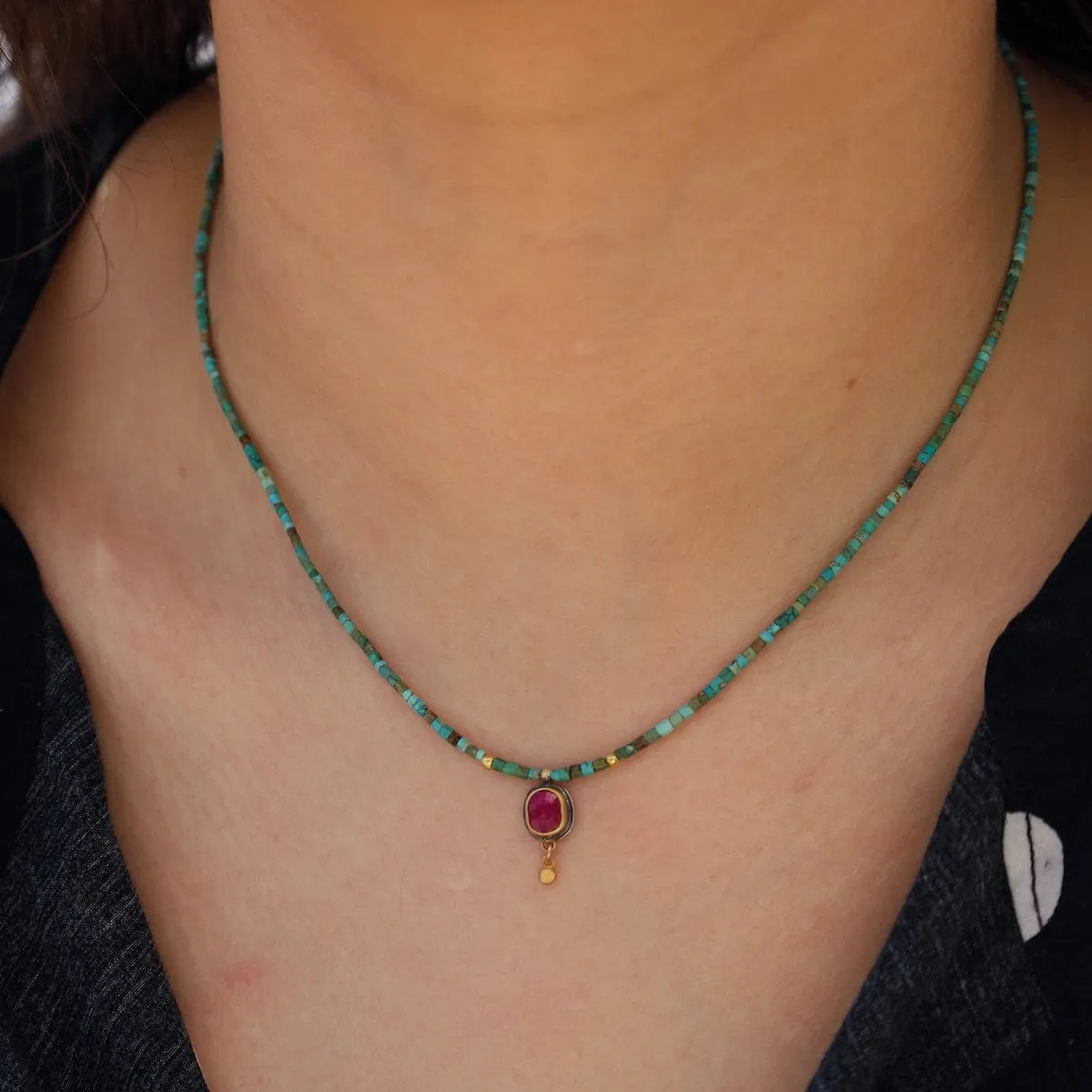 Ruby Teardrop and Turquoise Beaded Necklace