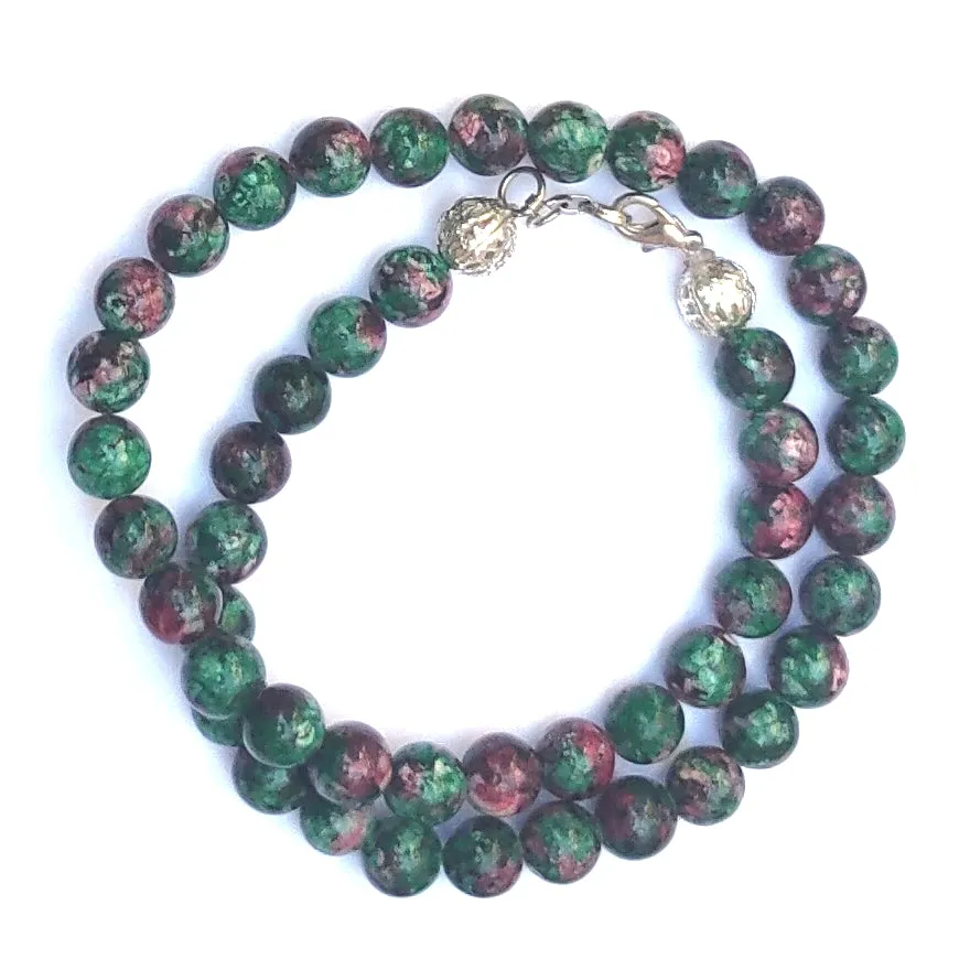 Ruby Zoisite Crystal Round Beads Necklace 15 Inches, 8mm Beads (Semi-Precious Mala)