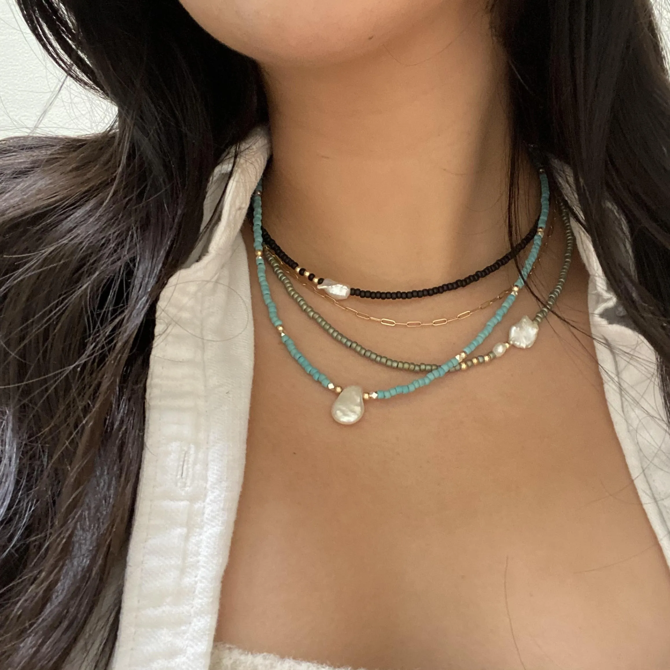 Sage Green Japanese Beaded Necklace & Keishi Pearls