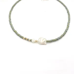 Sage Green Japanese Beaded Necklace & Keishi Pearls