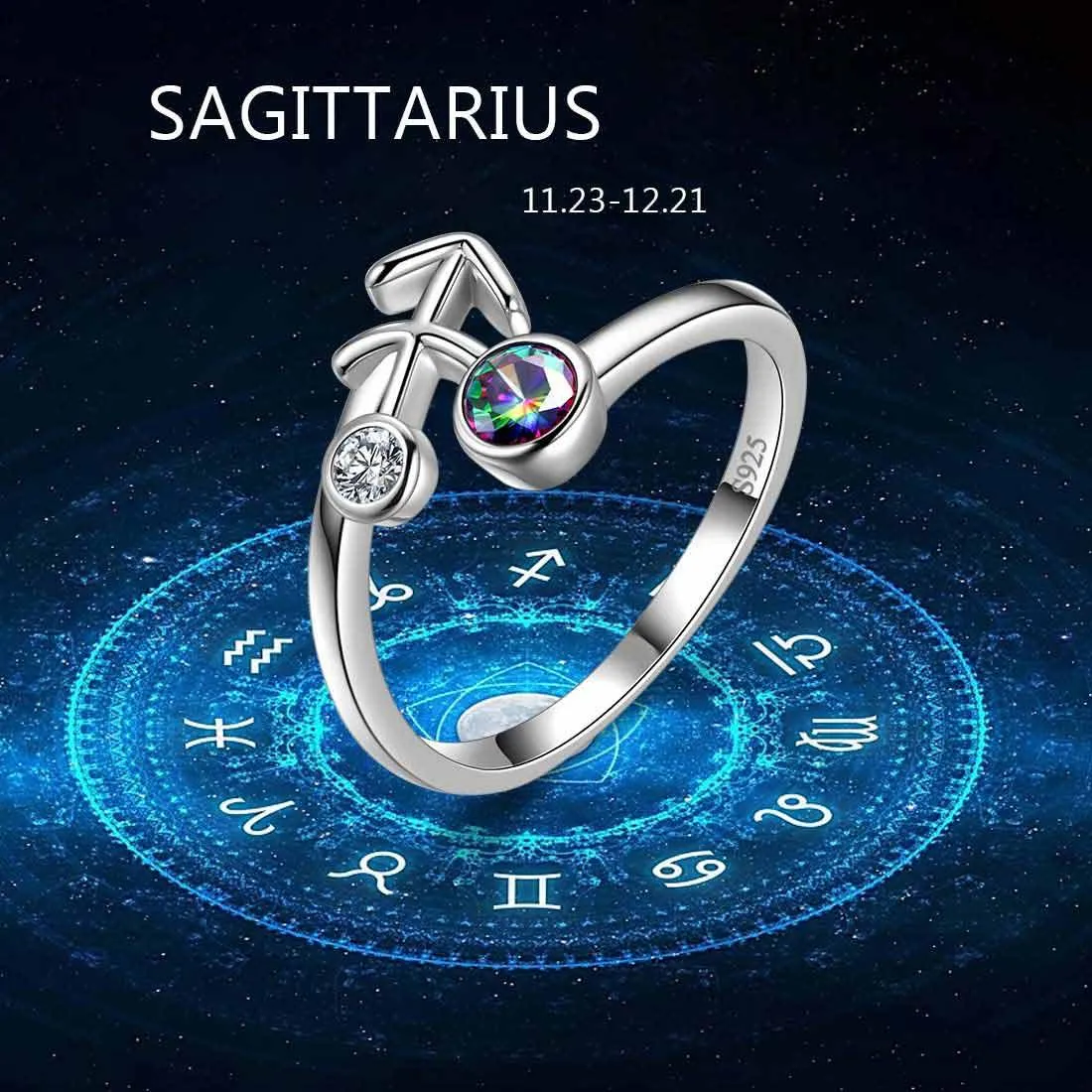 Sagittarius Zodiac Rings Women Girls Jewelry Birthday Gift Mystic Topaz 925 Silver