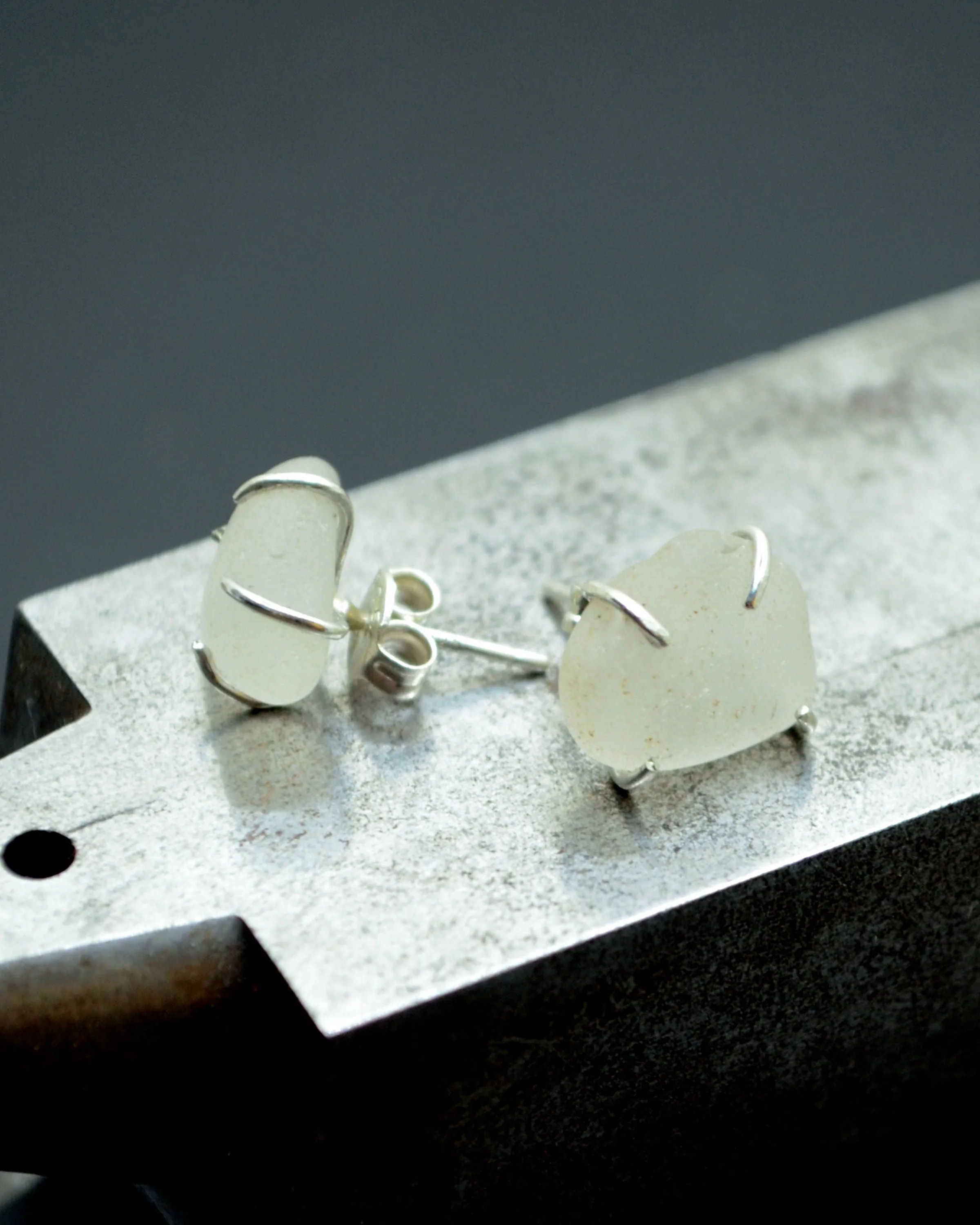 Sea glass in silver setting stud earrings, clear frosty sea glass earrings, small stud earrings