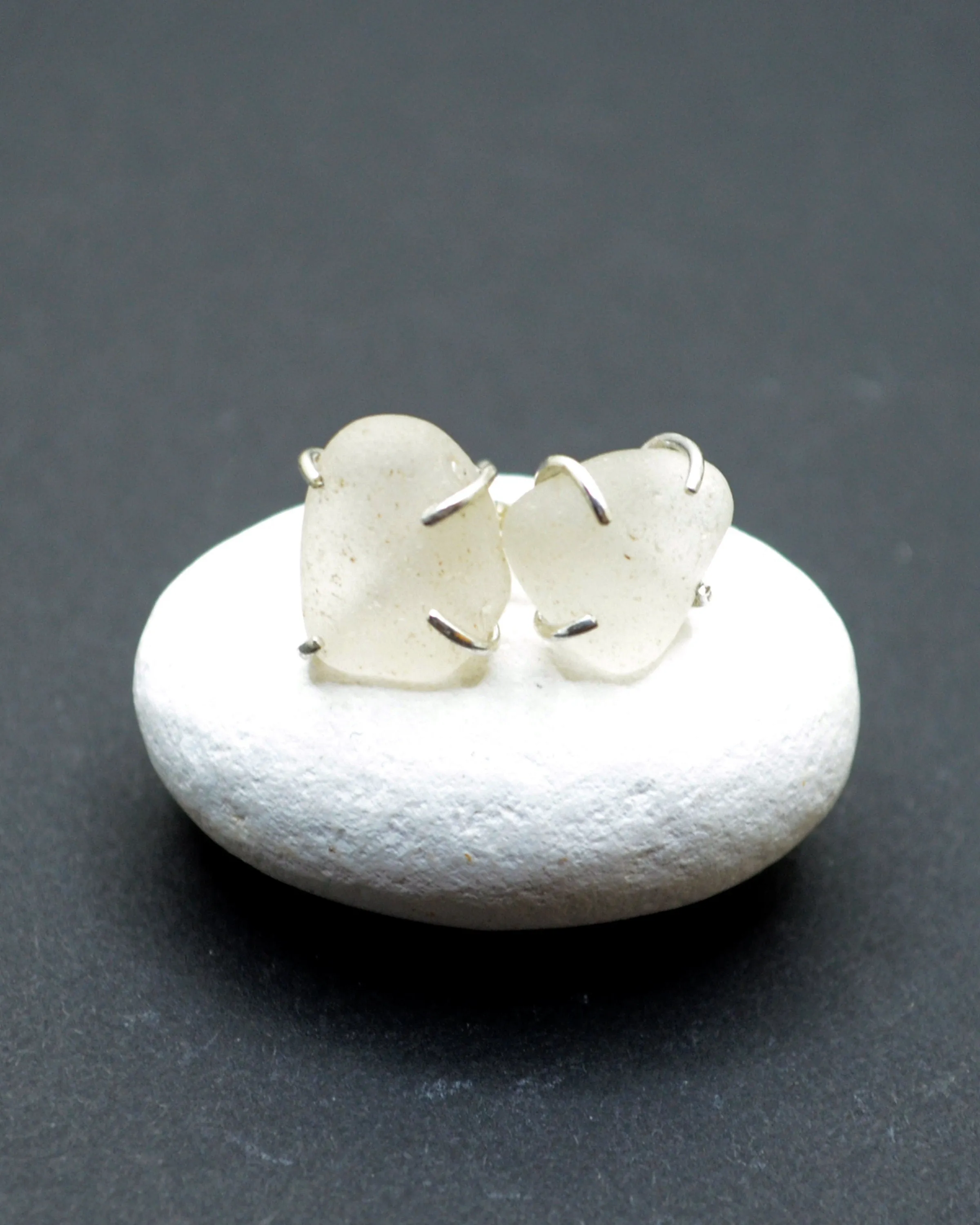 Sea glass in silver setting stud earrings, clear frosty sea glass earrings, small stud earrings