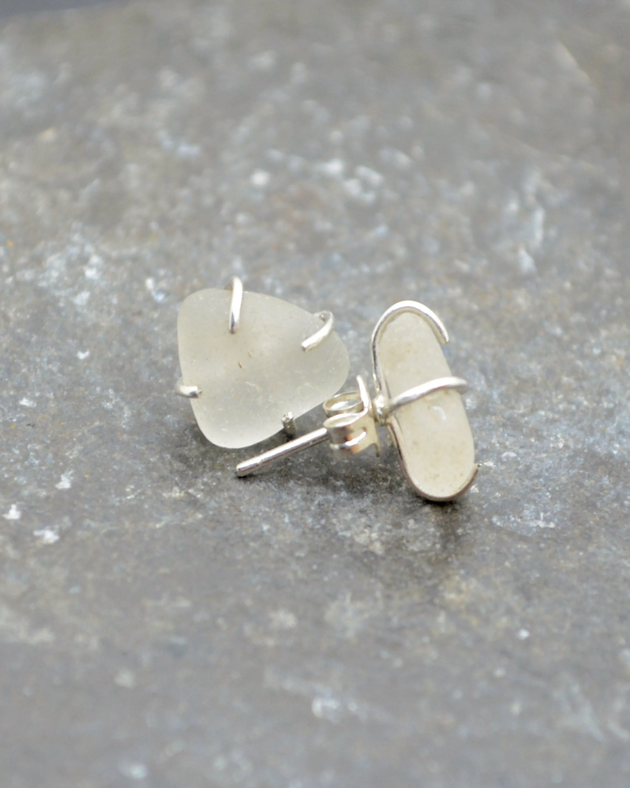 Sea glass in silver setting stud earrings, clear frosty sea glass earrings, small stud earrings