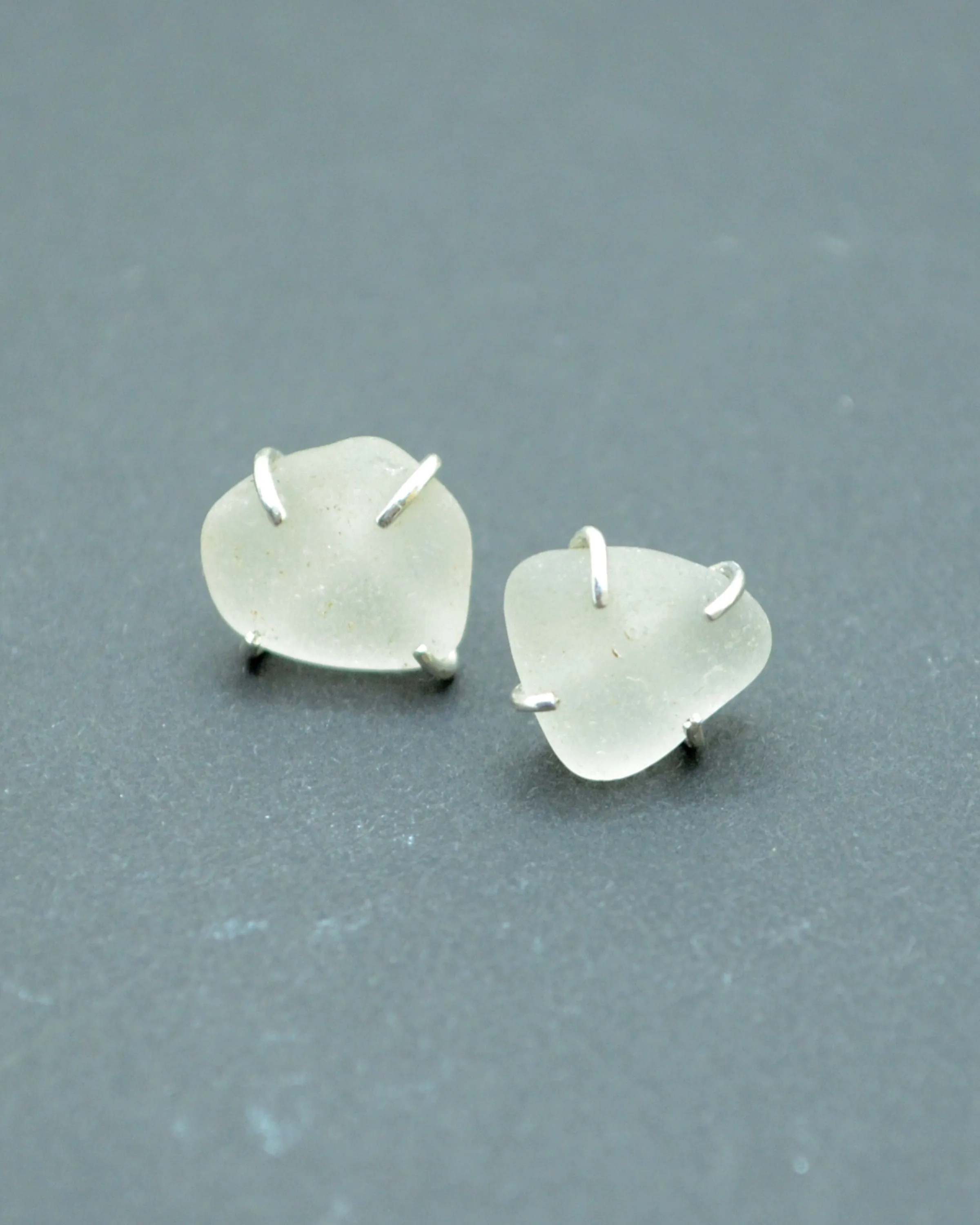 Sea glass in silver setting stud earrings, clear frosty sea glass earrings, small stud earrings