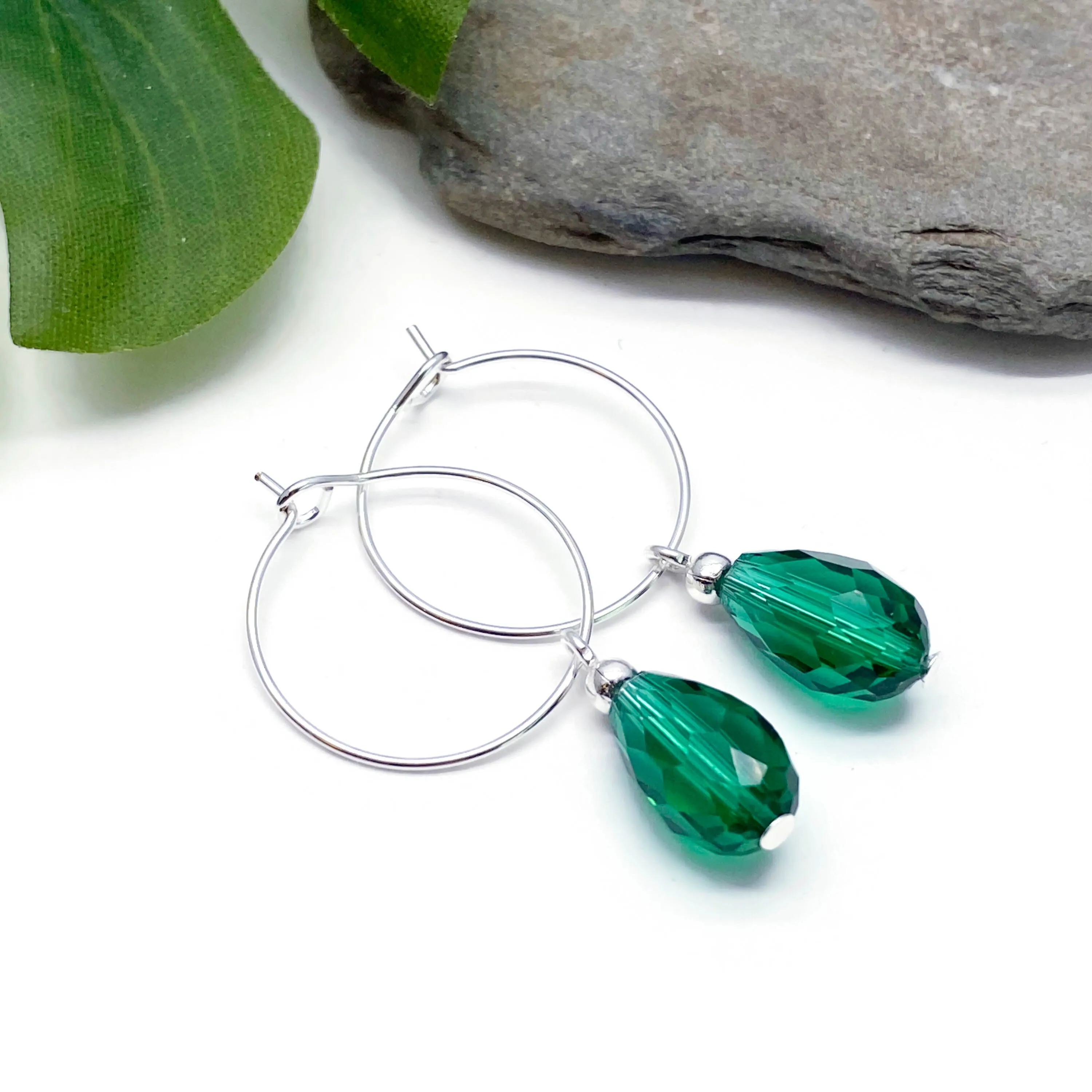 Sea Green Glass Drop Bead Silver Plated Hoops 20mm