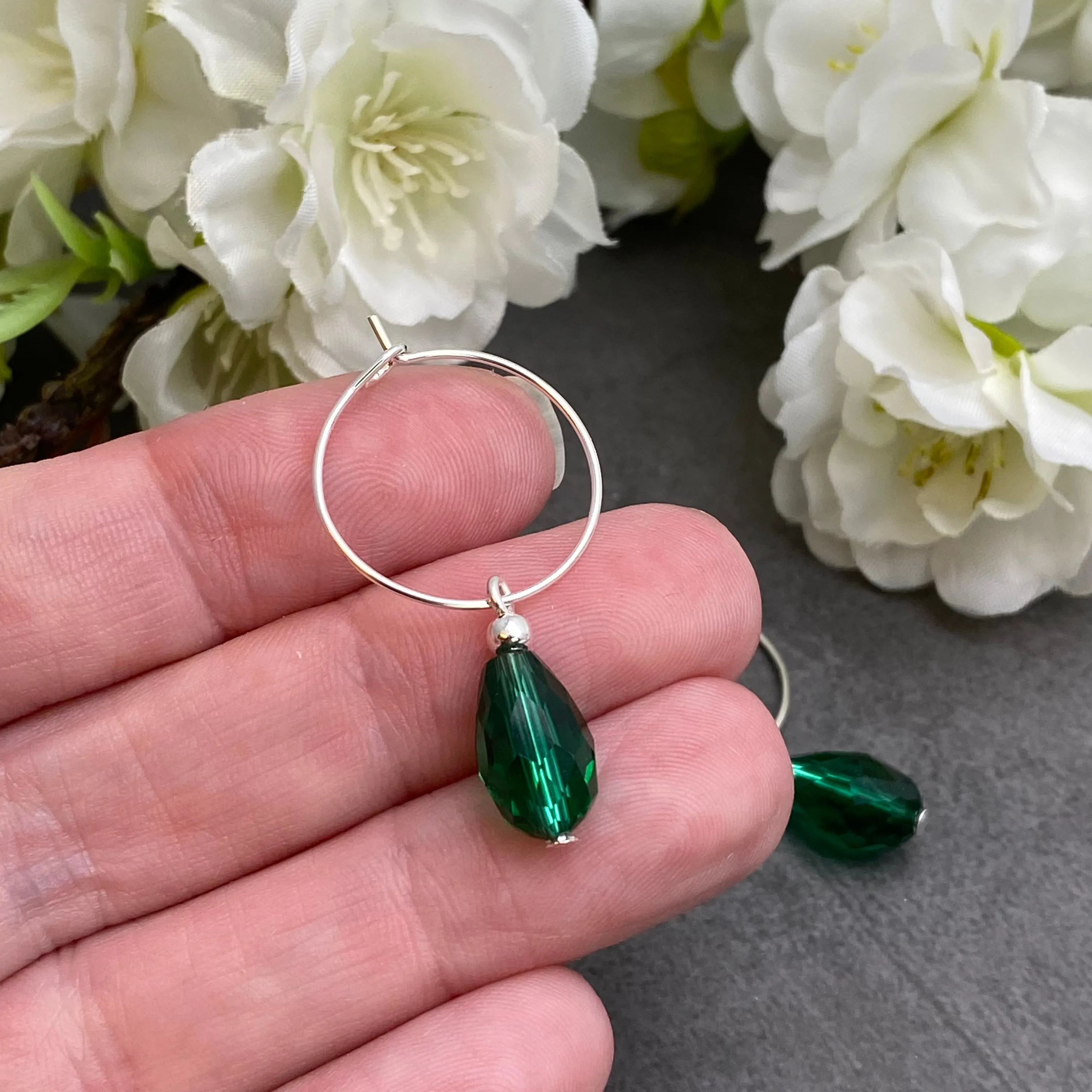 Sea Green Glass Drop Bead Silver Plated Hoops 20mm