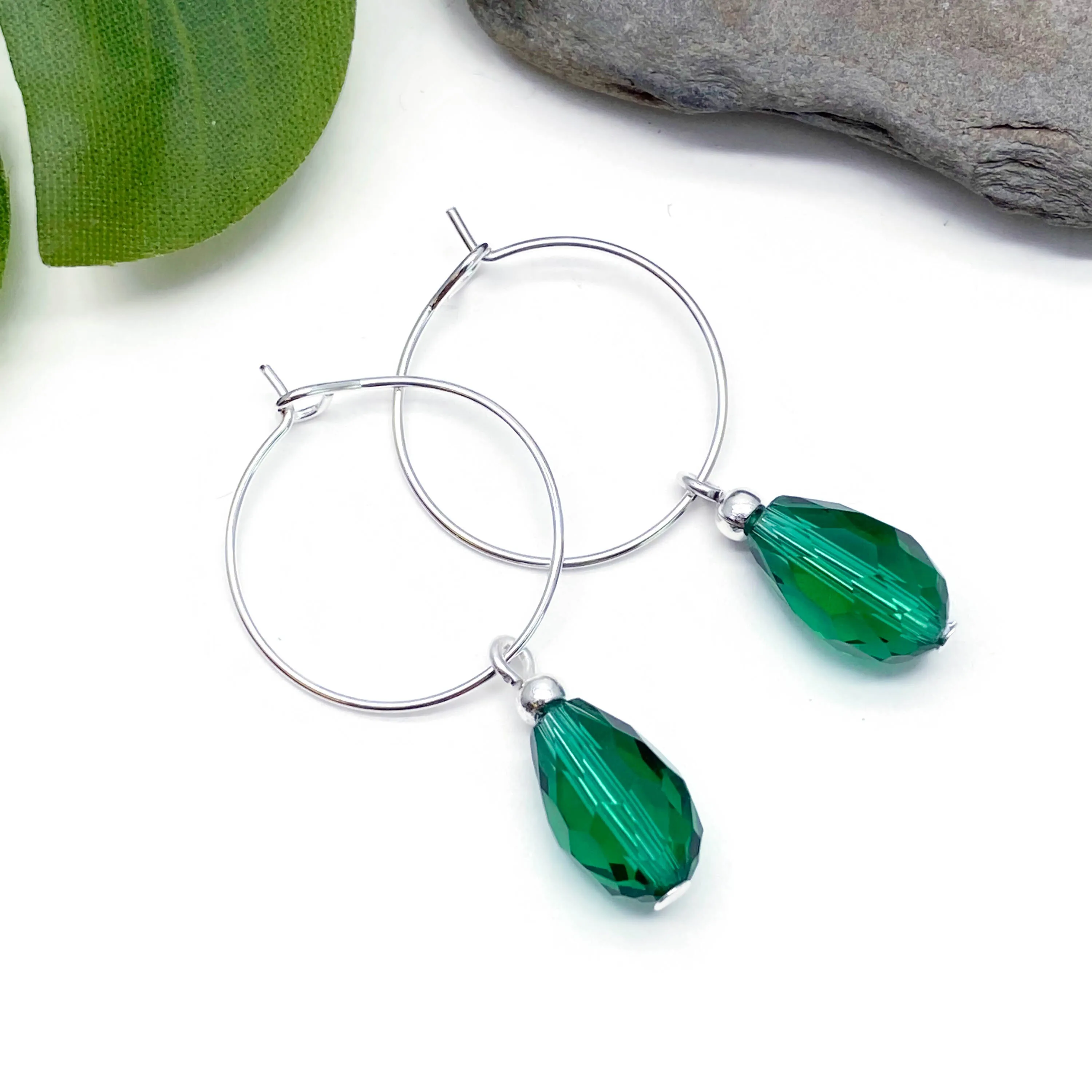 Sea Green Glass Drop Bead Silver Plated Hoops 20mm