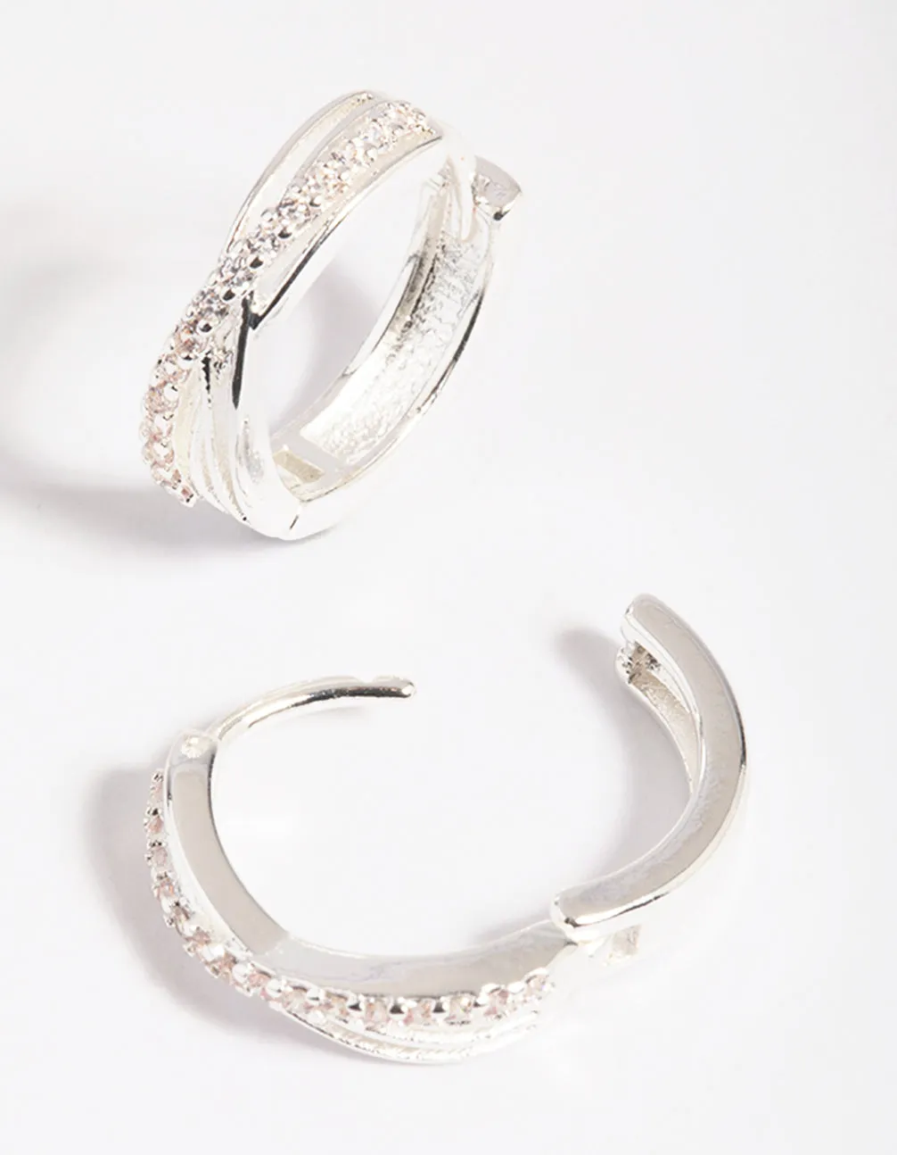 Silver Cubic Zirconia Twisted Huggie Hoop Earrings