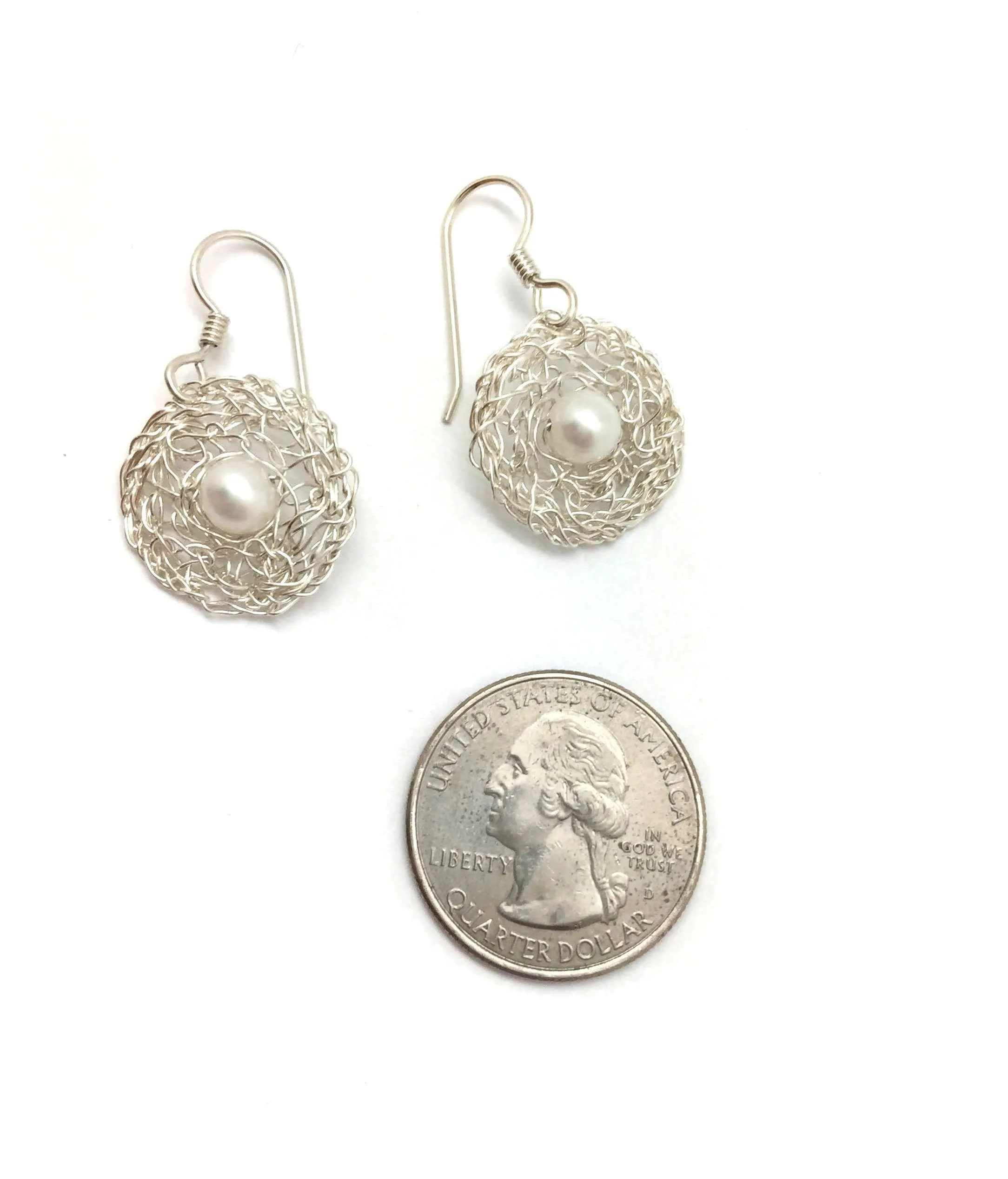 Small Silver Woven Circle Drops with Pearls