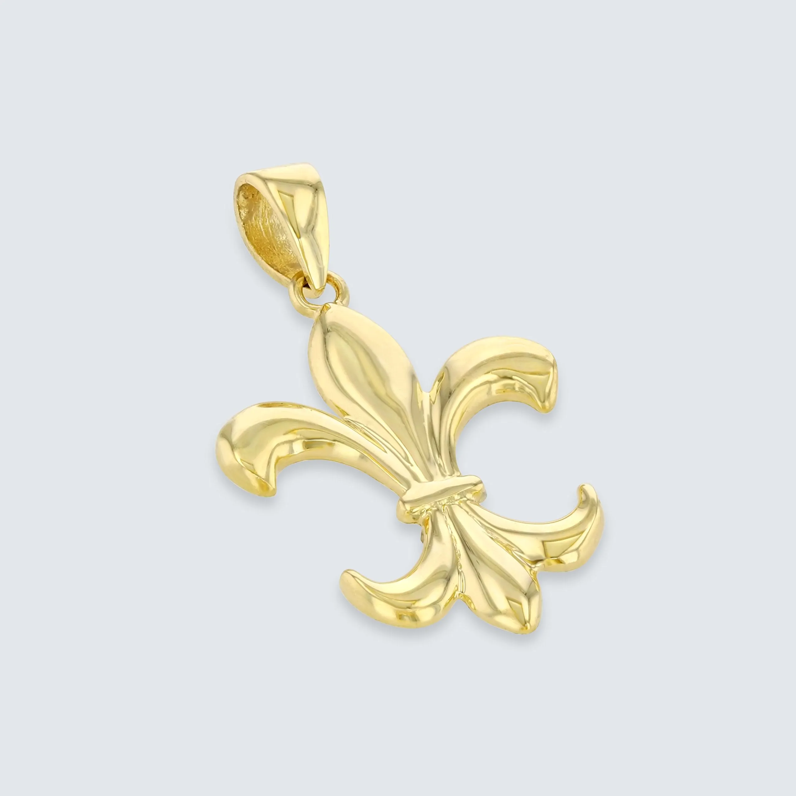 Solid 14K Gold Simple Fleur de Lis Charm Pendant with Cuban Necklace - Yellow Gold