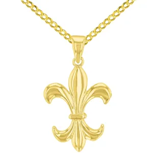 Solid 14K Gold Simple Fleur de Lis Charm Pendant with Cuban Necklace - Yellow Gold