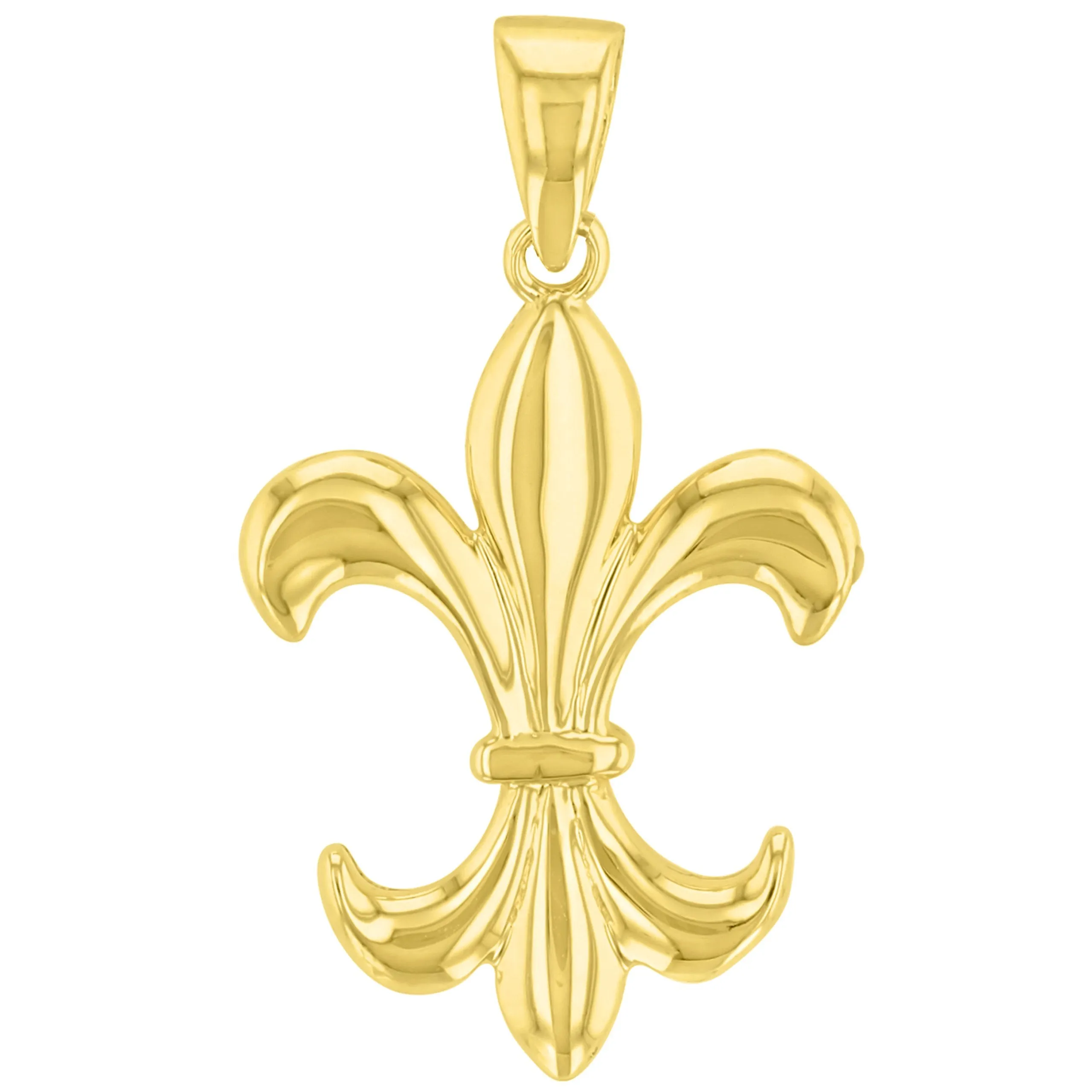 Solid 14K Gold Simple Fleur de Lis Charm Pendant with Cuban Necklace - Yellow Gold