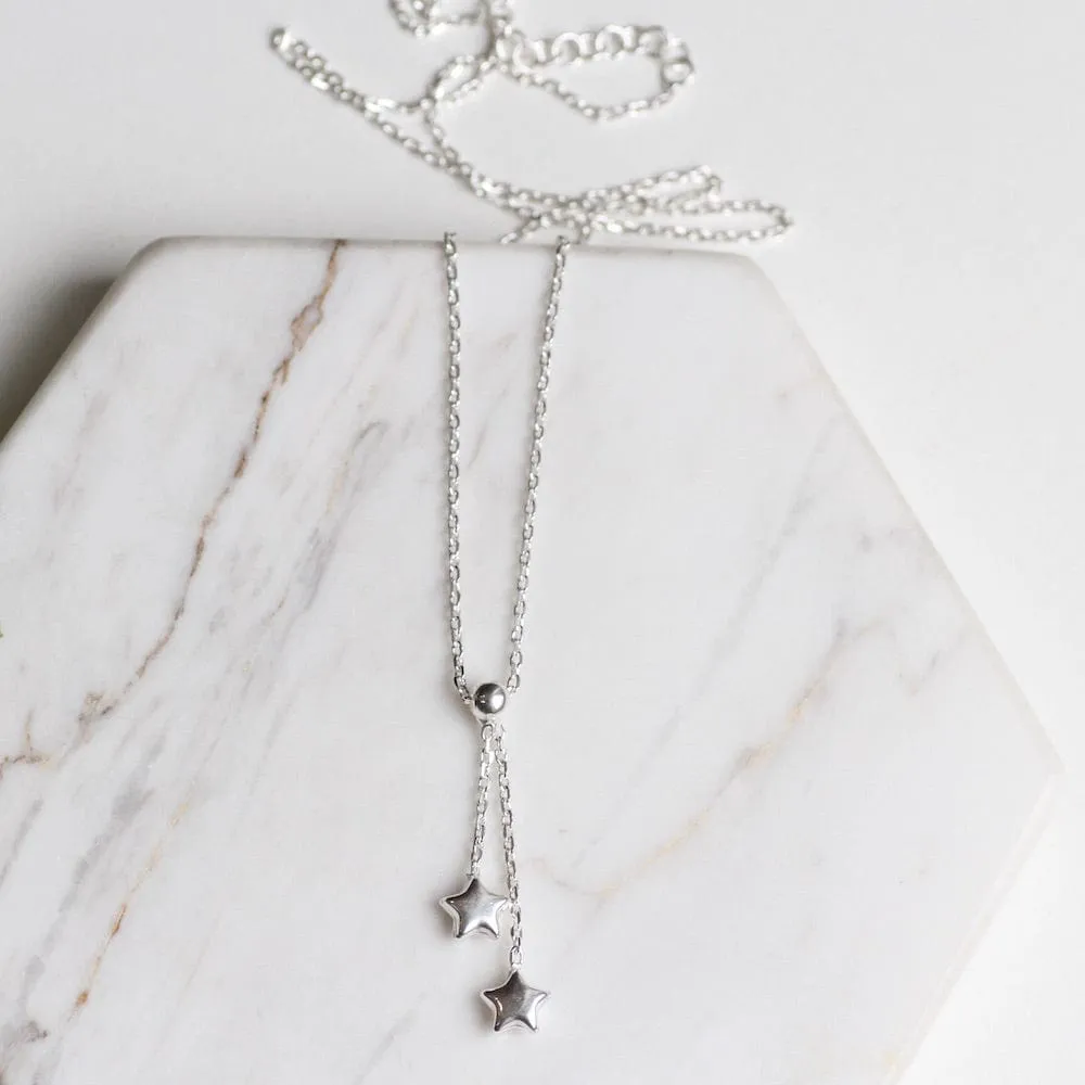 Sterling Silver Double Star Drop Necklace