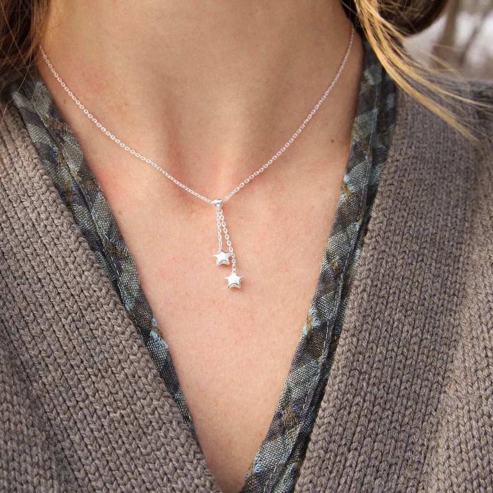 Sterling Silver Double Star Drop Necklace