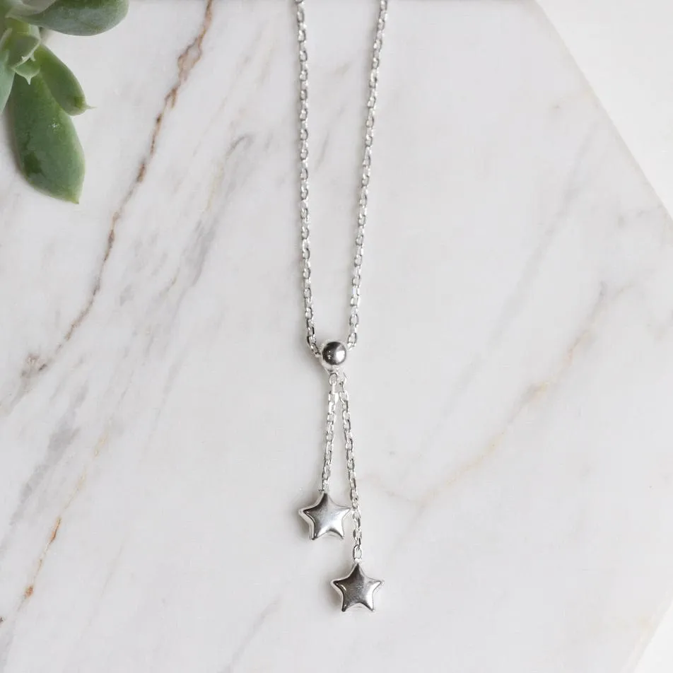 Sterling Silver Double Star Drop Necklace