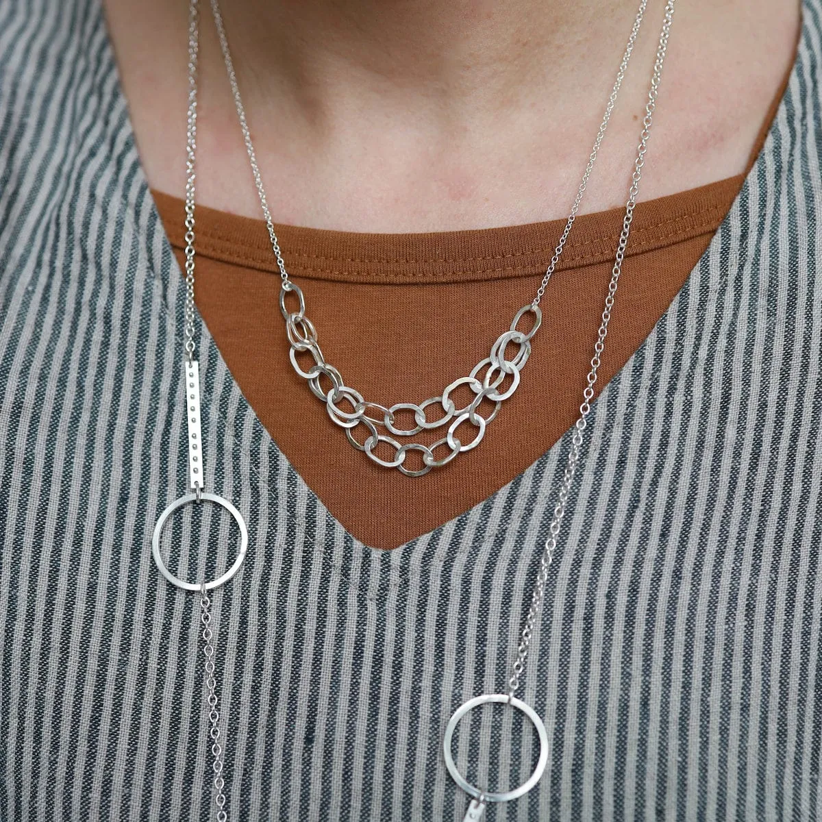 Sterling Silver Long 5 Branch & Circle Necklace