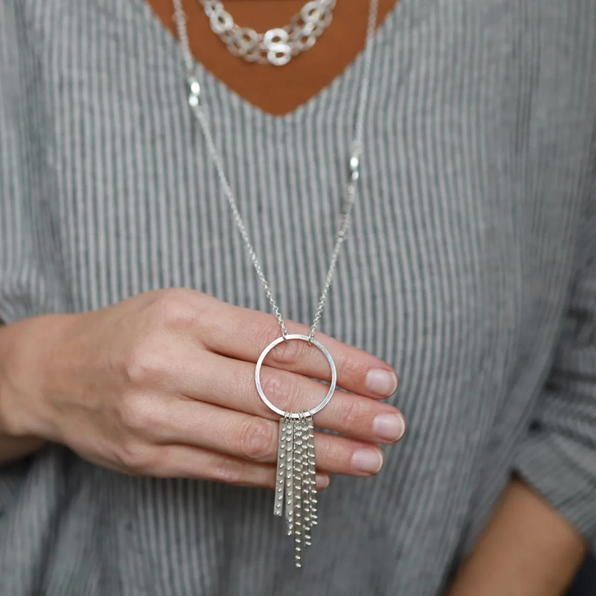 Sterling Silver Long 5 Branch & Circle Necklace