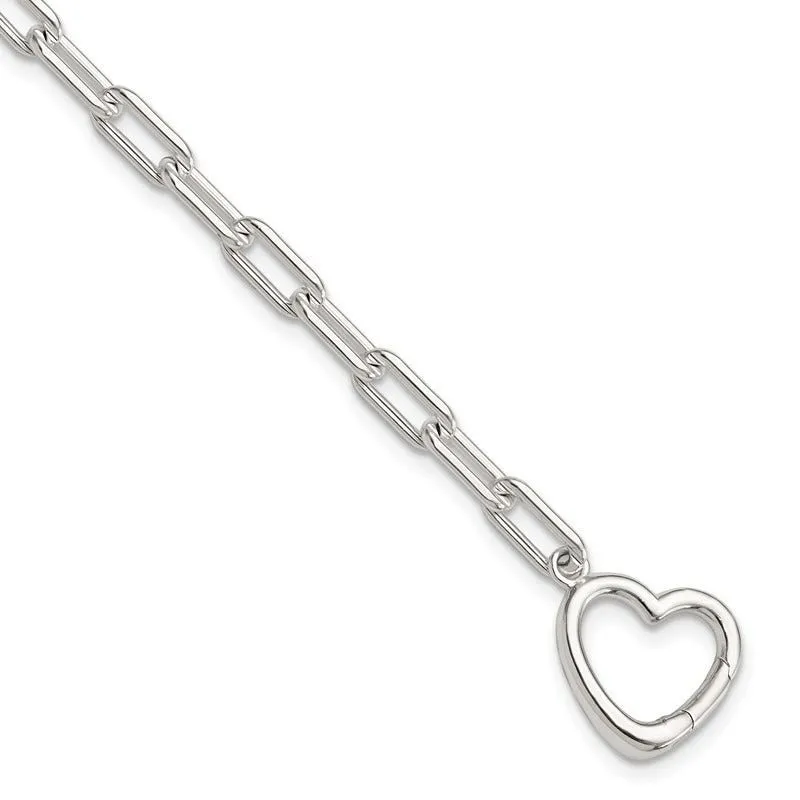 Sterling Silver Open Link 7.25in Heart Clasp Bracelet