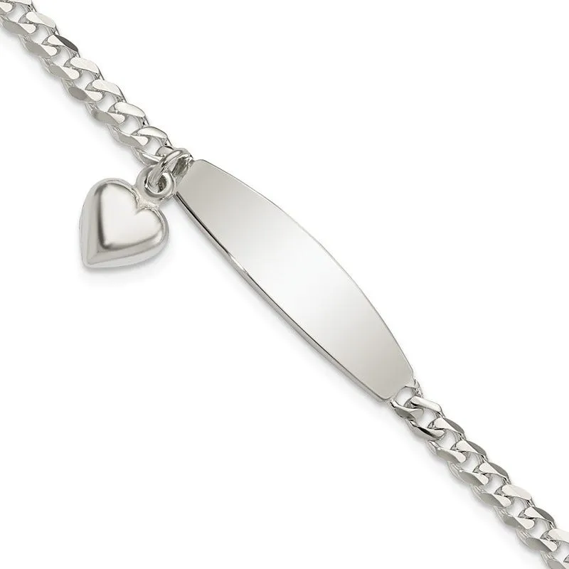 Sterling Silver Polished Curb Link ID Heart Dangle 8.5in Bracelet