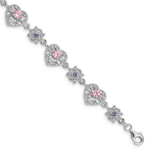 Sterling Silver Rhod-plated 7inch Pink and Clear CZ Heart Bracelet