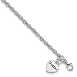 Sterling Silver Rhodium-plated Antiqued Sister Heart Dangle Bracelet