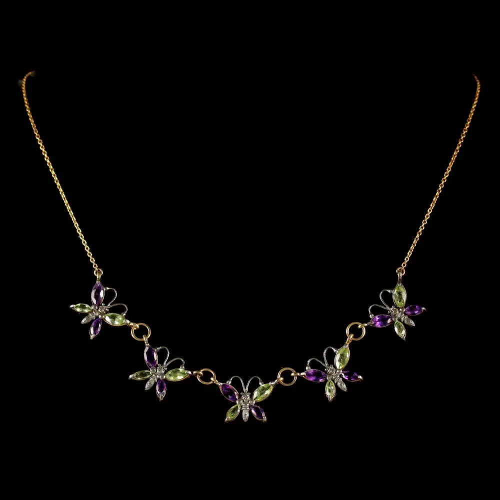 Suffragette Butterfly Necklace Gold Amethyst Peridot