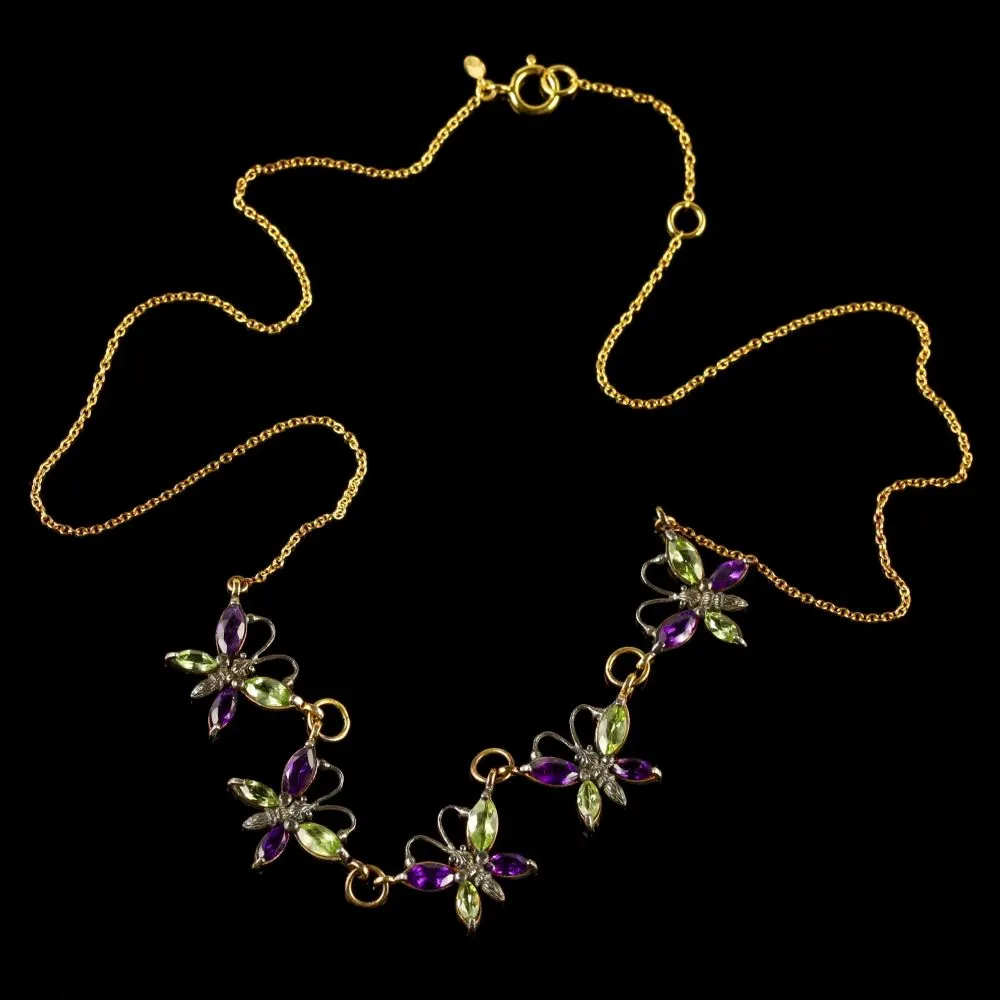 Suffragette Butterfly Necklace Gold Amethyst Peridot