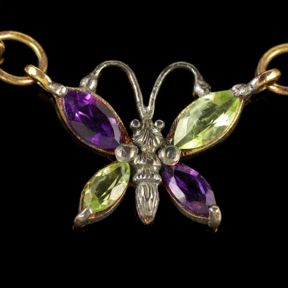 Suffragette Butterfly Necklace Gold Amethyst Peridot