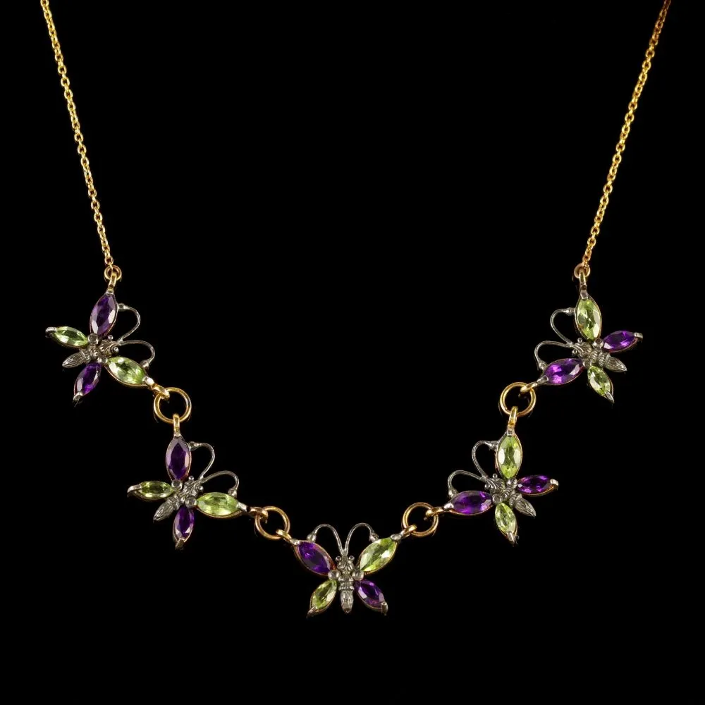 Suffragette Butterfly Necklace Gold Amethyst Peridot