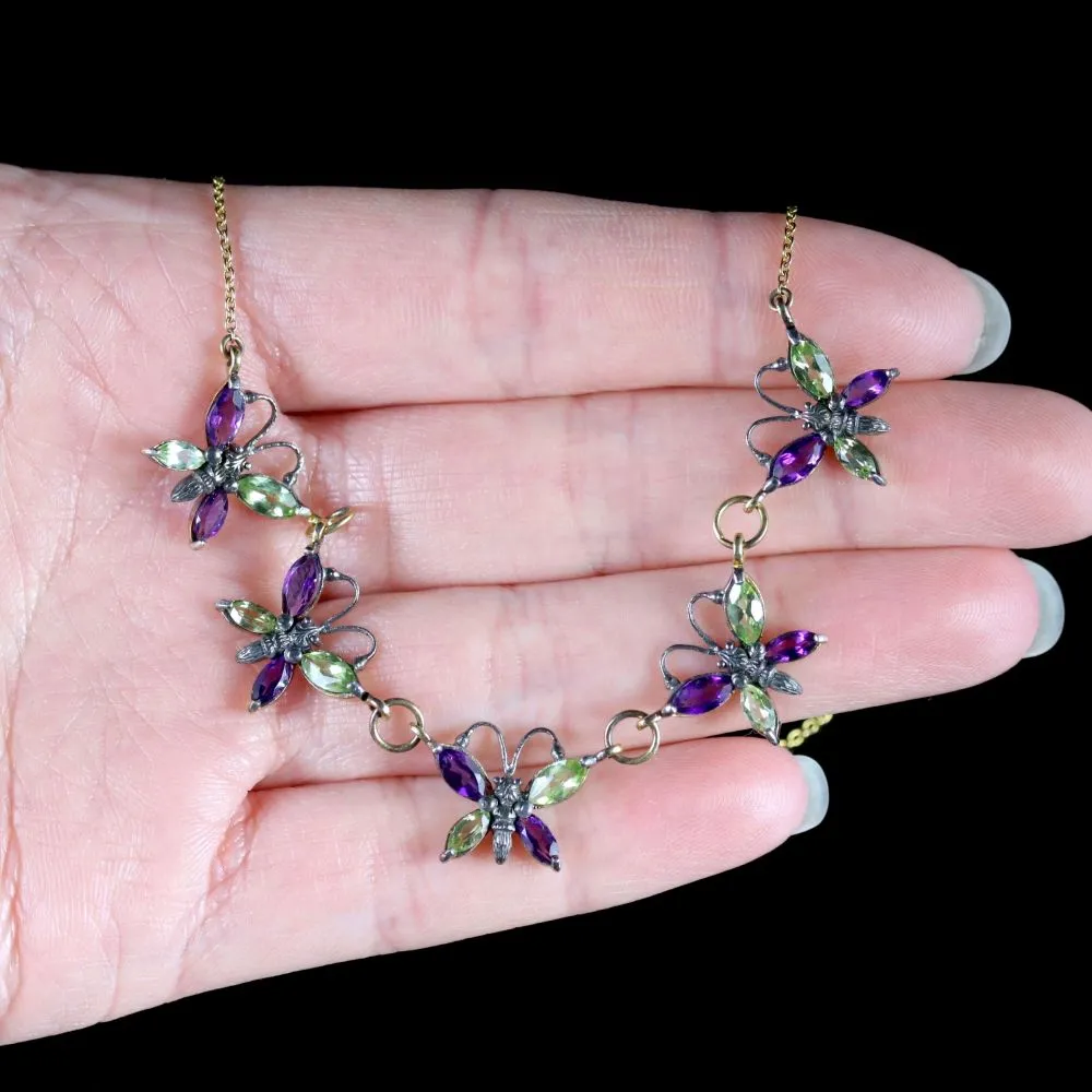 Suffragette Butterfly Necklace Gold Amethyst Peridot