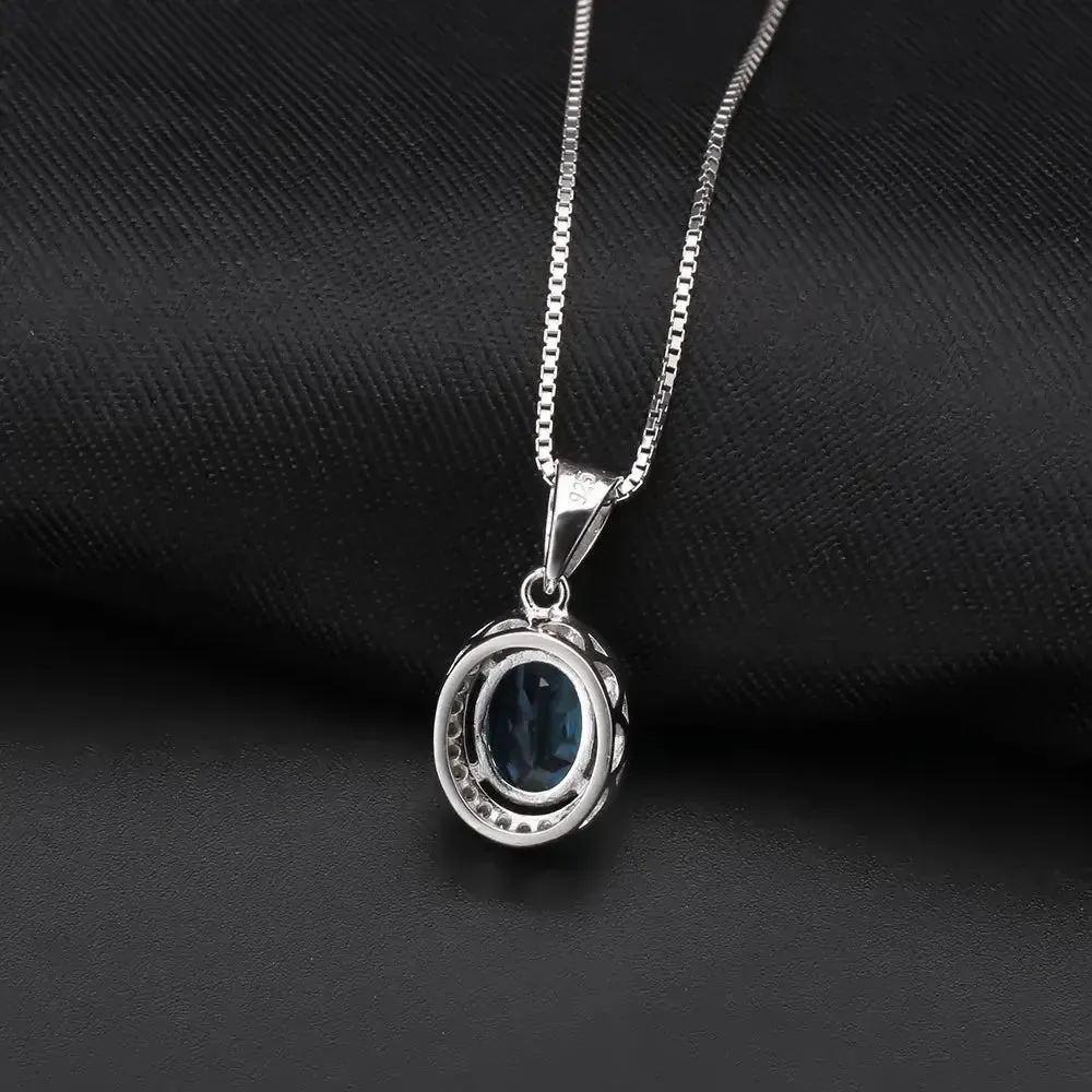 Swiss Bule Topaz Oval Cut Regal Pendant Necklace in Sterling Silver