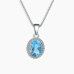 Swiss Bule Topaz Oval Cut Regal Pendant Necklace in Sterling Silver