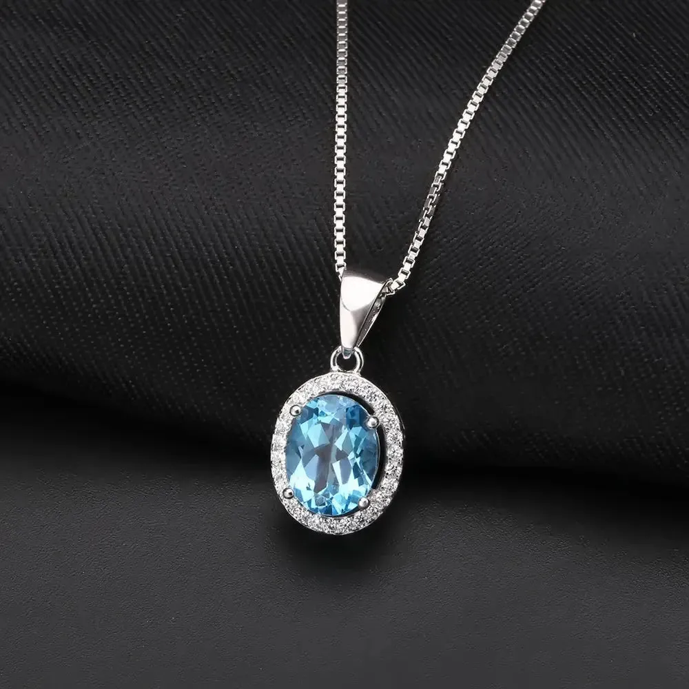 Swiss Bule Topaz Oval Cut Regal Pendant Necklace in Sterling Silver