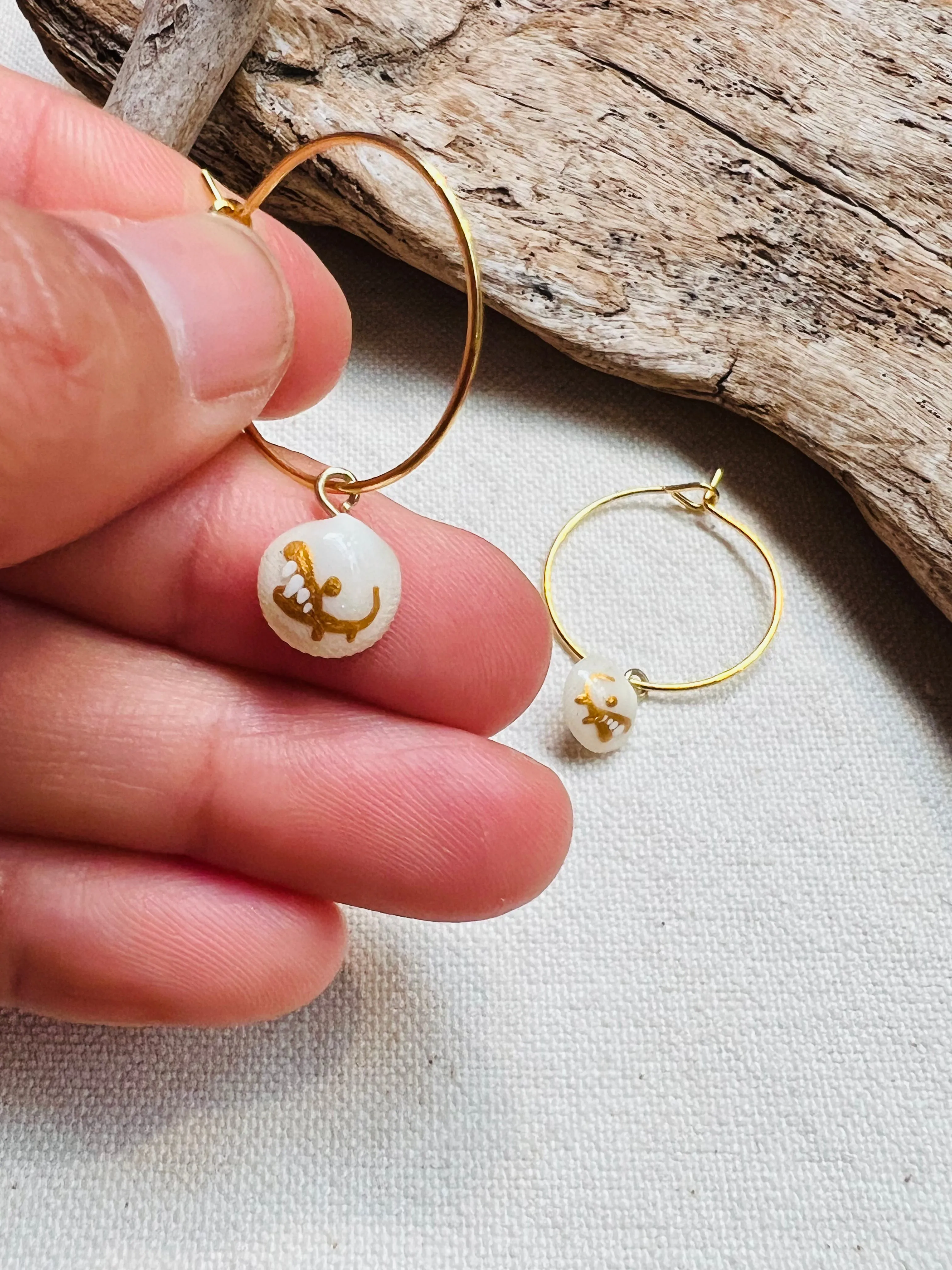 Tiny shell earrings with painting, little crocodile