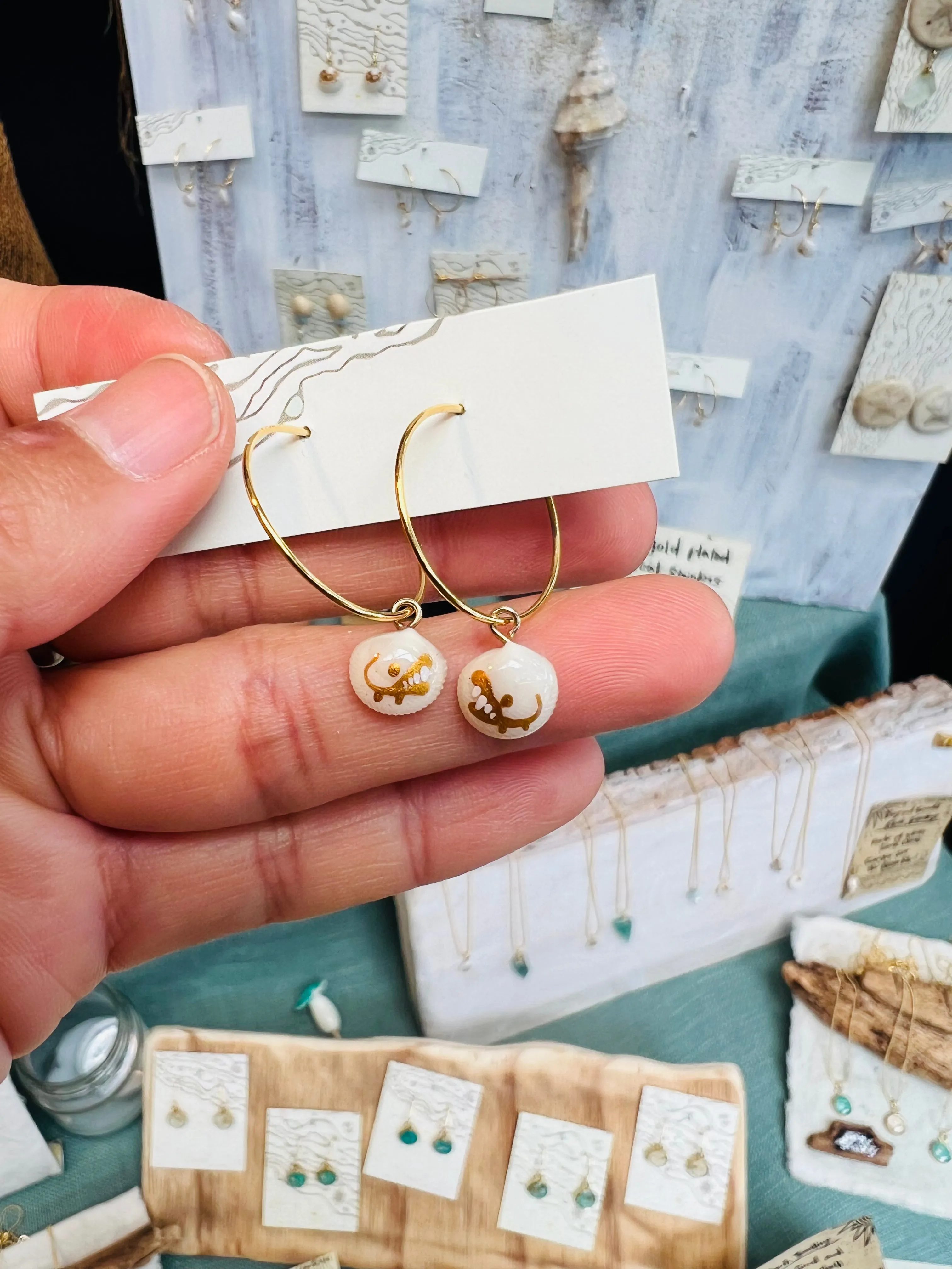 Tiny shell earrings with painting, little crocodile