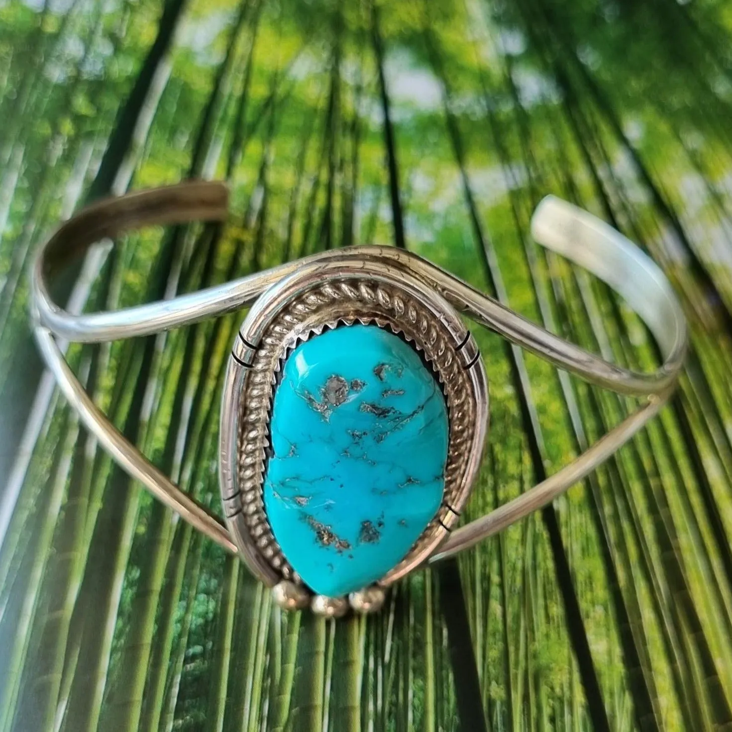 Turquoise Stone Sterling Silver Navajo Boho Cuff