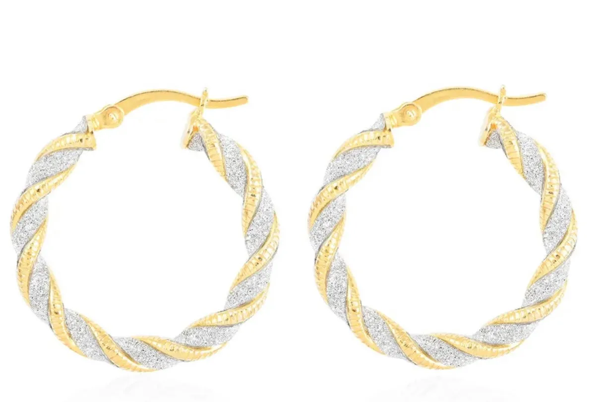 Two-Tone Twisted Sterling Silver & 14K GP Stardust Hoops 1.14”