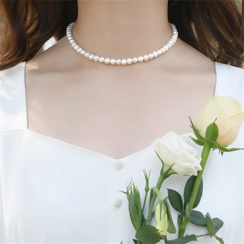 Vintage Style Simple 6mm Pearl Chain Choker Necklace For Women Wedding