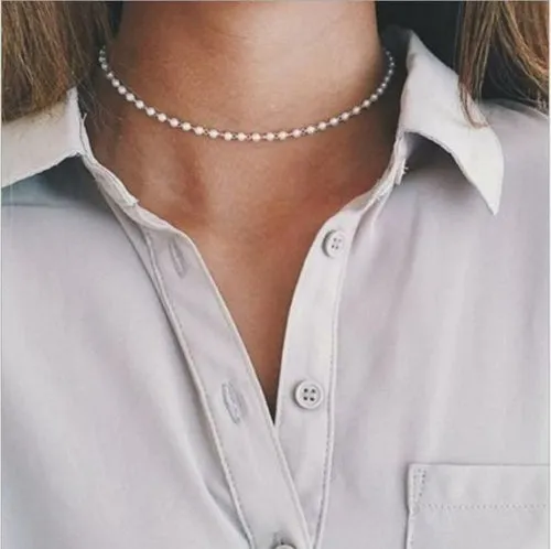 Vintage Style Simple 6mm Pearl Chain Choker Necklace For Women Wedding