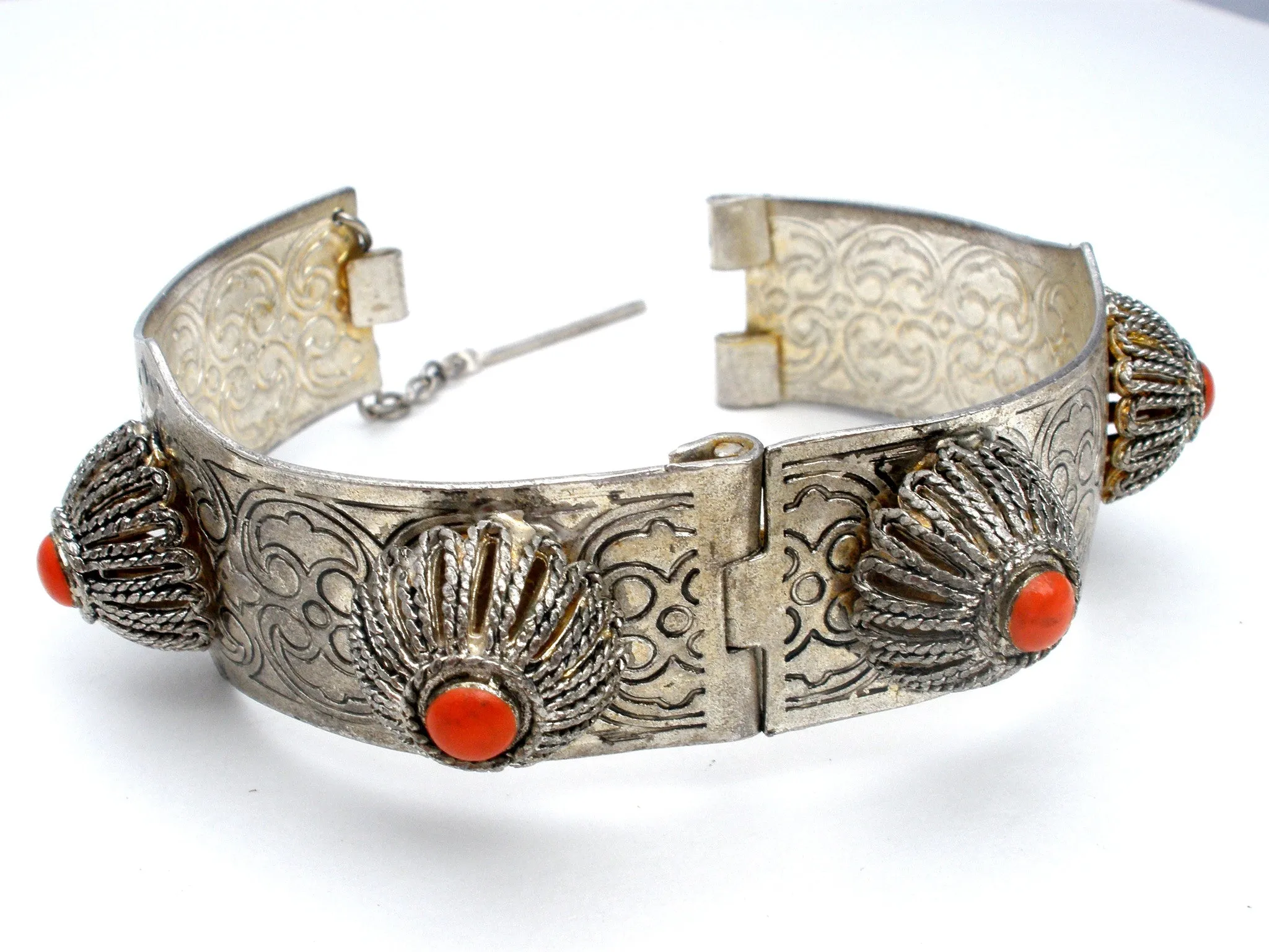 Vintage Tibetan Bangle Bracelet with Red Stone