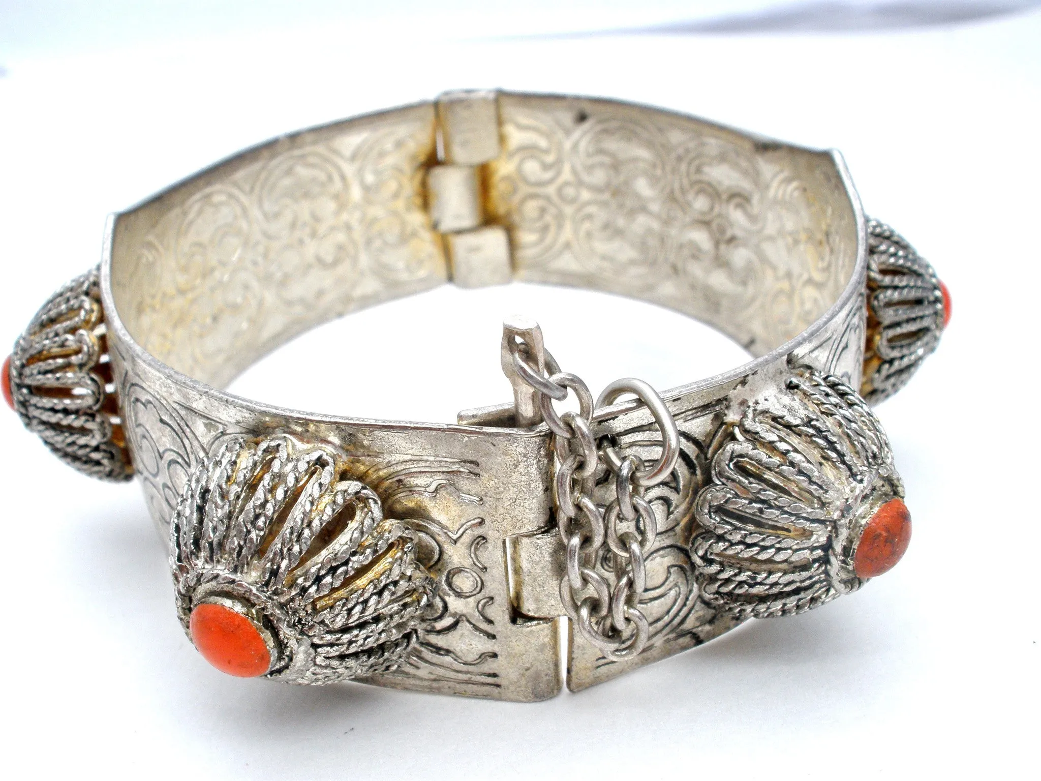 Vintage Tibetan Bangle Bracelet with Red Stone