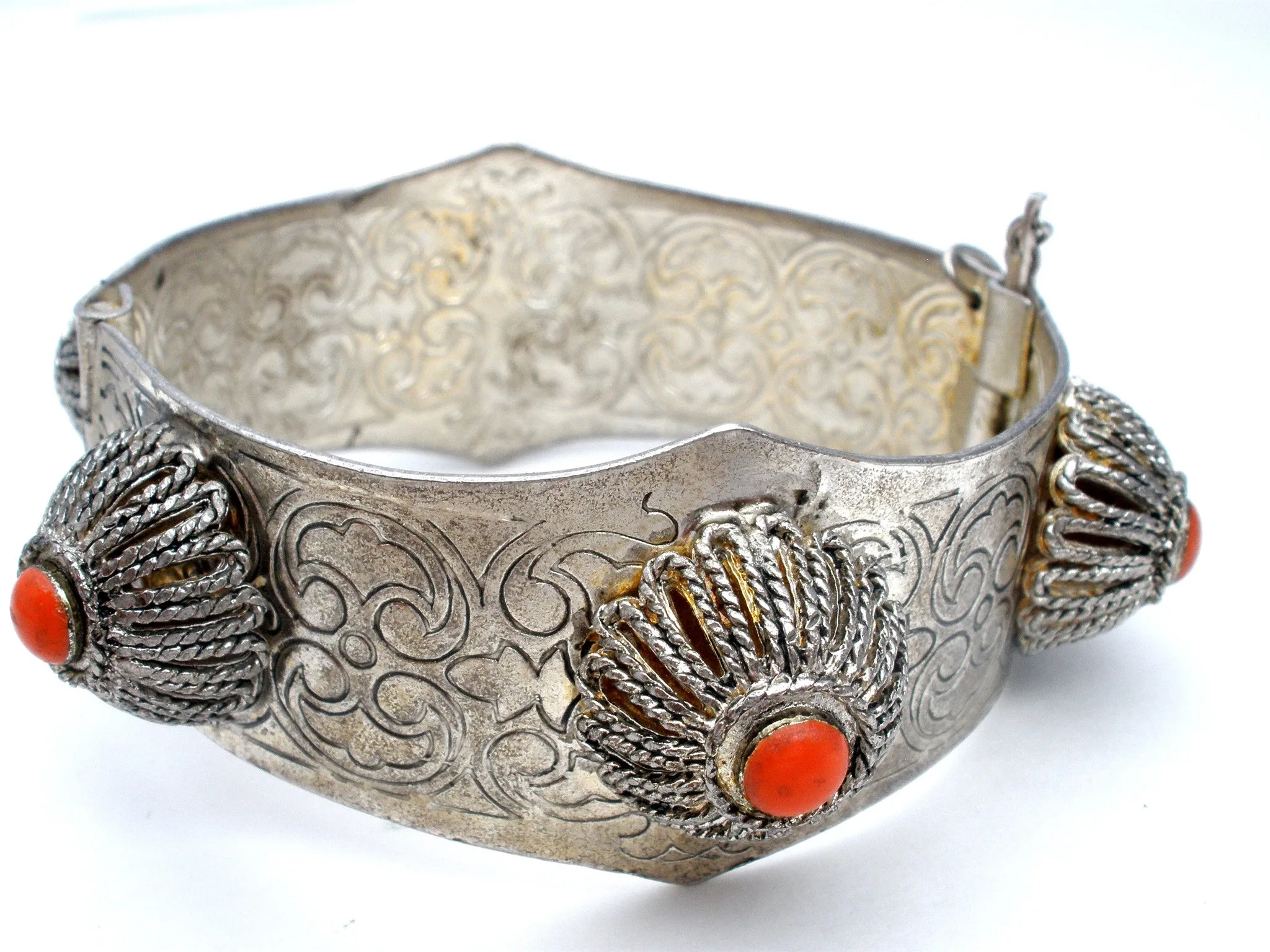 Vintage Tibetan Bangle Bracelet with Red Stone